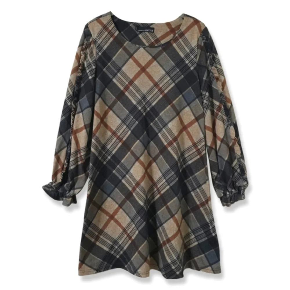 CHETTA B Bias Plaid 3/4 Sleeve Mini Knit Dress, Ruffle Details, Size M - Picture 2 of 15